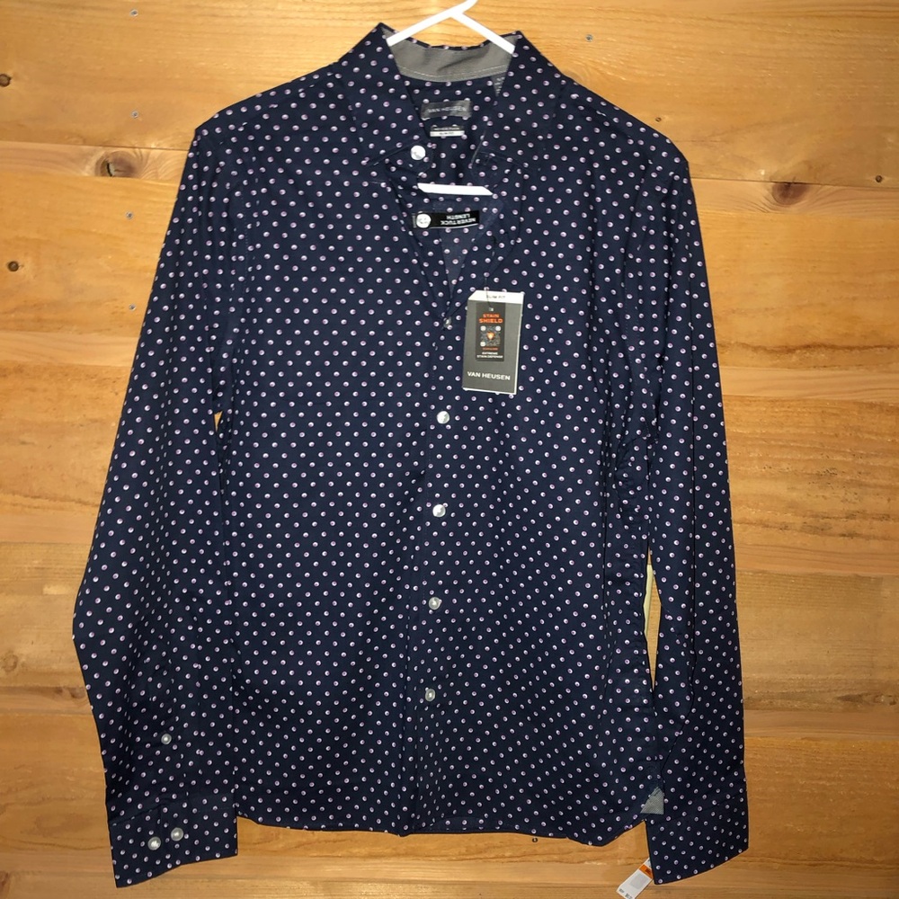 Van Heusen Never Tuck Slim Fit Dress Shirt NWT MSRP $60 blue/purple size S 14.5